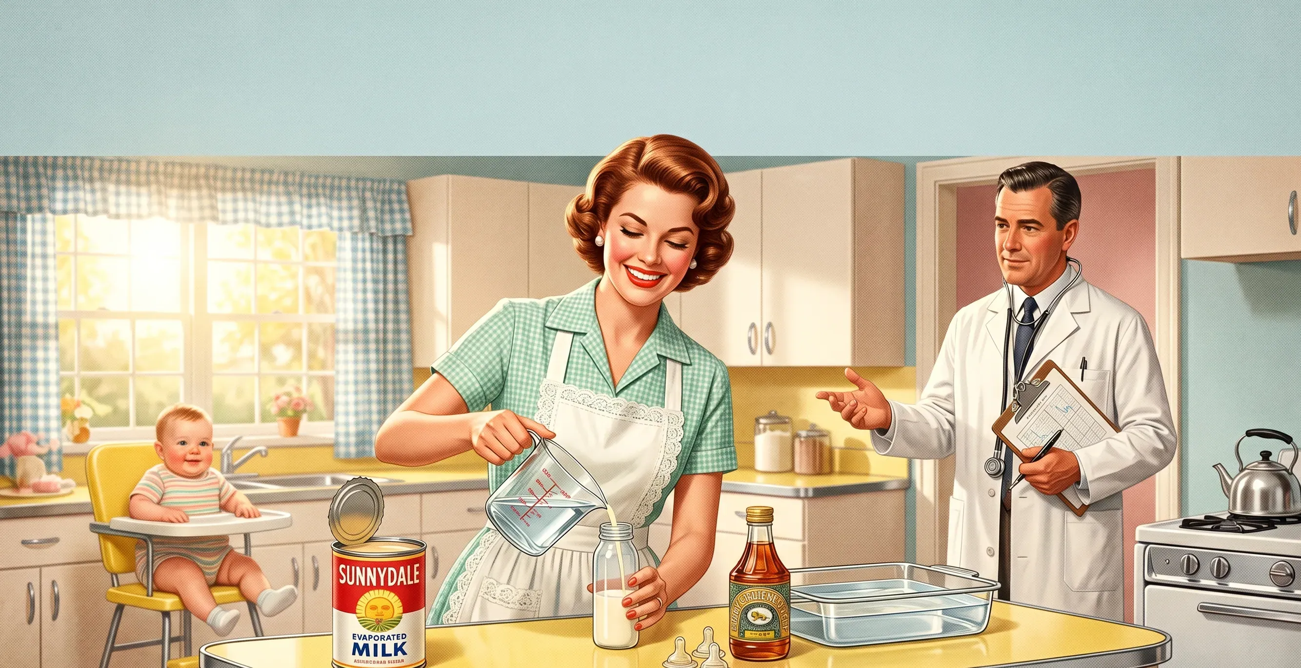 A 1950s advertising illustration of a housewife holding a baby bottle