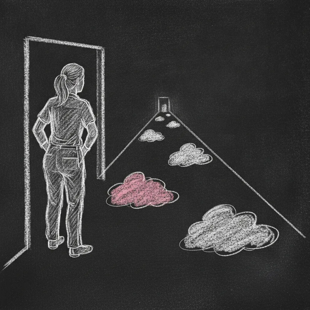 Chalk sketch of a woman standing at a doorway looking down a long corridor, several small cloud-shaped worries floating along the path ahead of her, one highlighted