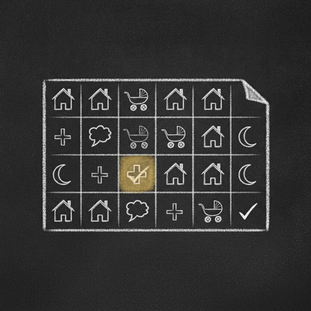 Chalk sketch of a weekly schedule grid with drop-off, pick-up, and night-shift tasks pencilled in and shared between two hands