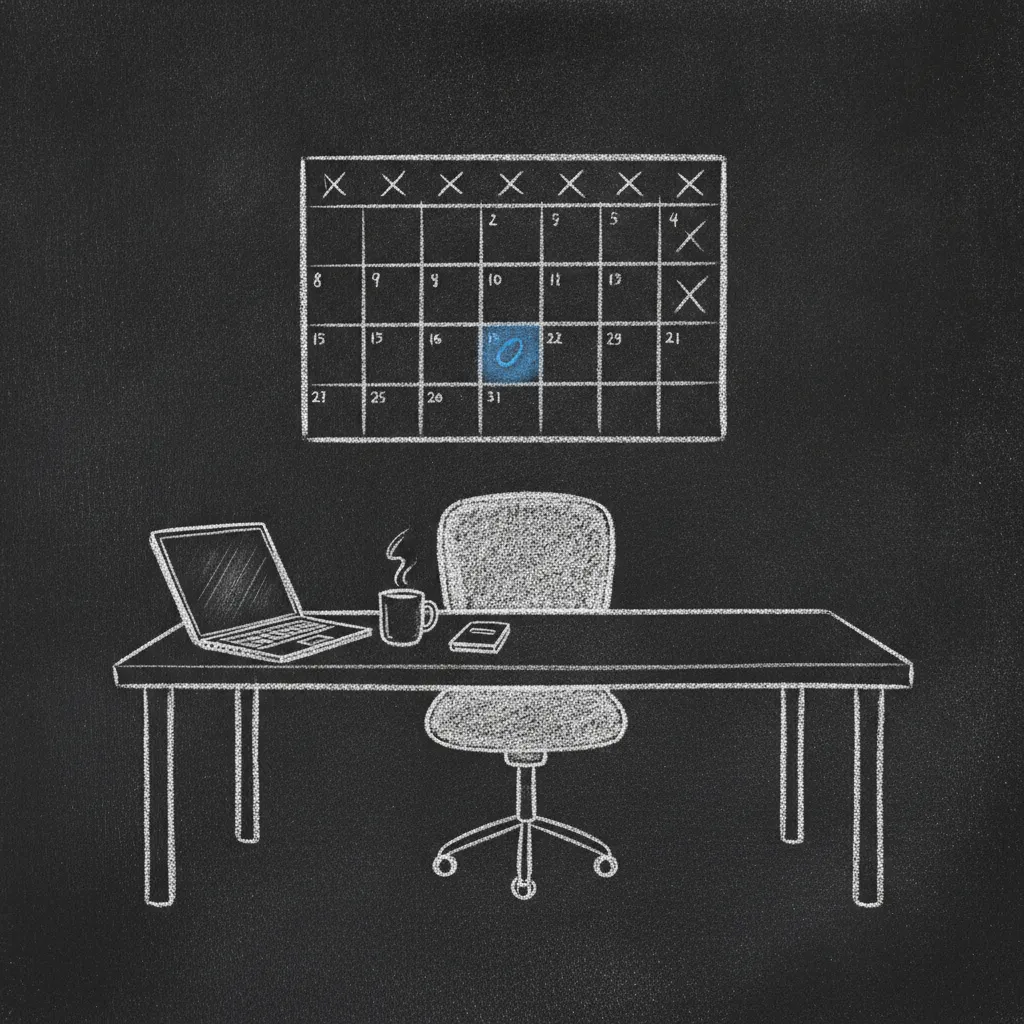 Chalk sketch of a work desk on day one, a cleared calendar on the wall behind, only one meeting scheduled, coffee steaming on the desk