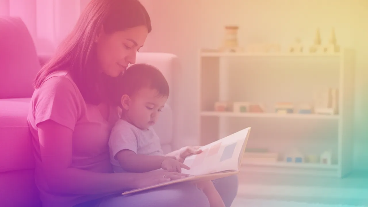 A mother sits on the floor against a sofa, reading a picture book with her toddler on her lap, a low wooden shelf of toys behind them