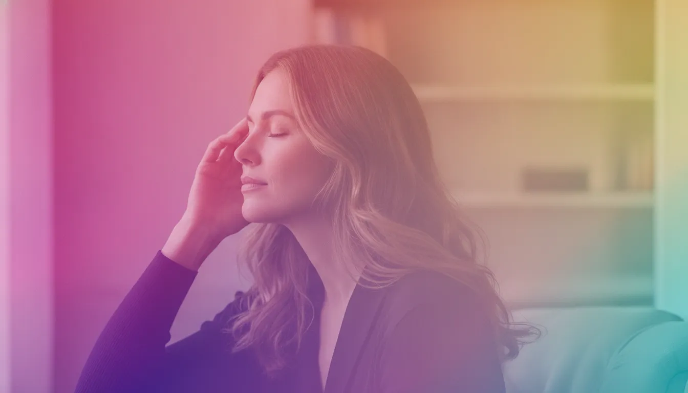 A woman in profile with her eyes closed and her hand resting at her temple, softly lit by a rainbow gradient wash suggesting the inner voice
