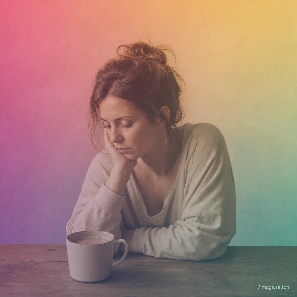 A new mother sitting alone with a cup of tea in a quiet room