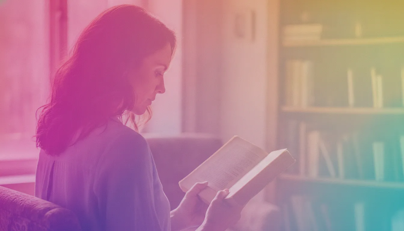 A woman in three-quarter profile from behind holding an open vintage hardback book, warm rainbow gradient washing across her and the composition