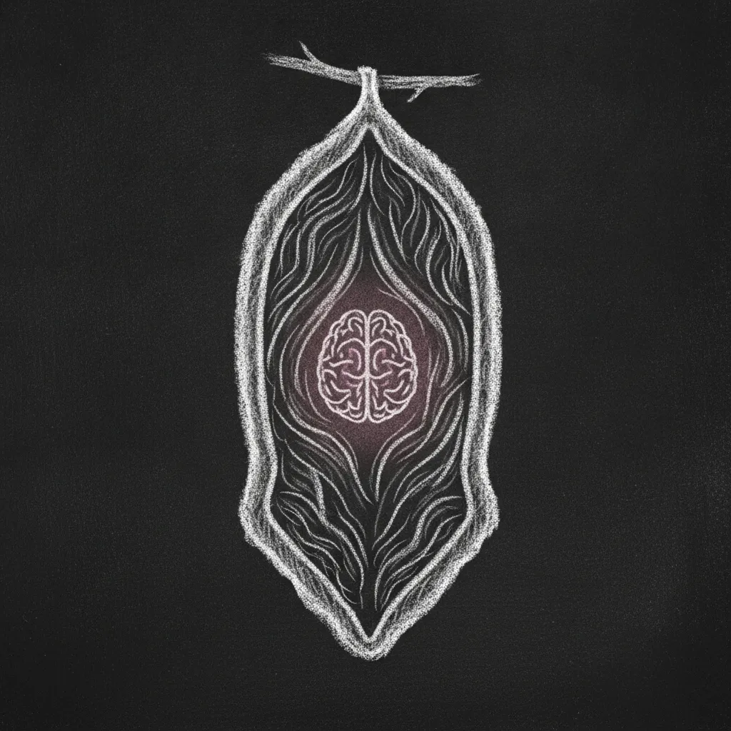 Chalk sketch of a chrysalis cross-section with wavy liquid inside and small solid brain-like structures suspended within the goo, preserved through the dissolution