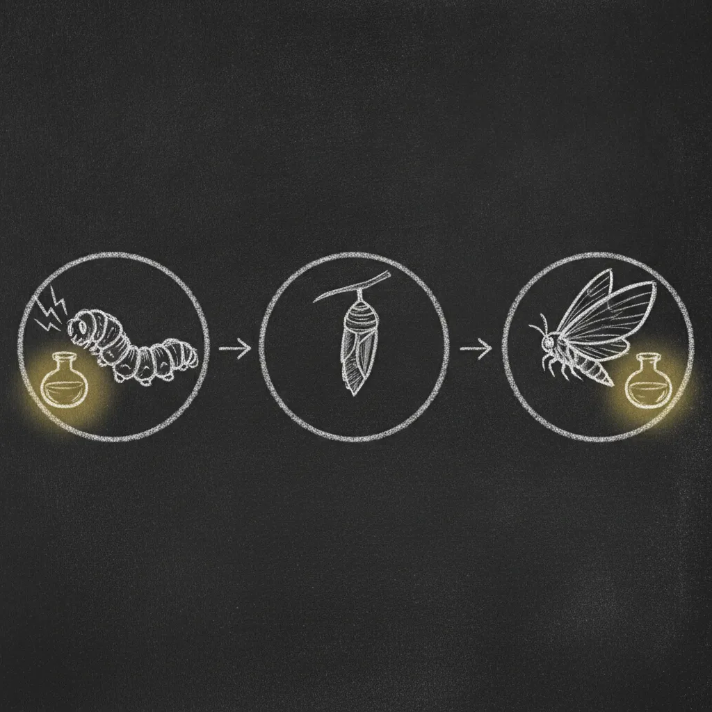 Chalk sketch of the three stages of the Georgetown experiment shown in sequence, a caterpillar sniffing a small vial of scent, a chrysalis hanging from a twig, and an adult moth turning away from the same scent