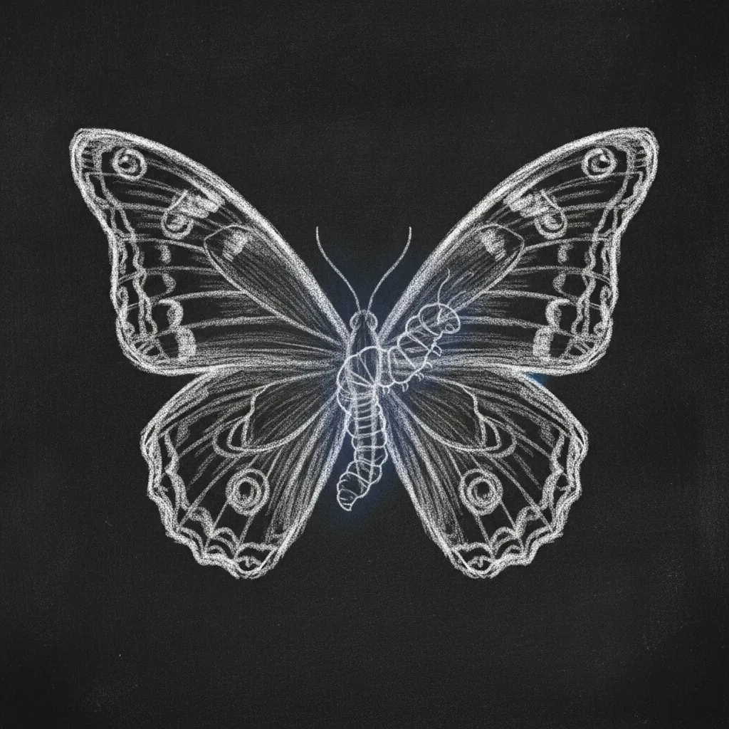 Chalk sketch of an adult butterfly in flight with wings spread, a faint silhouette of a caterpillar visible through its body, preserved inside the new architecture