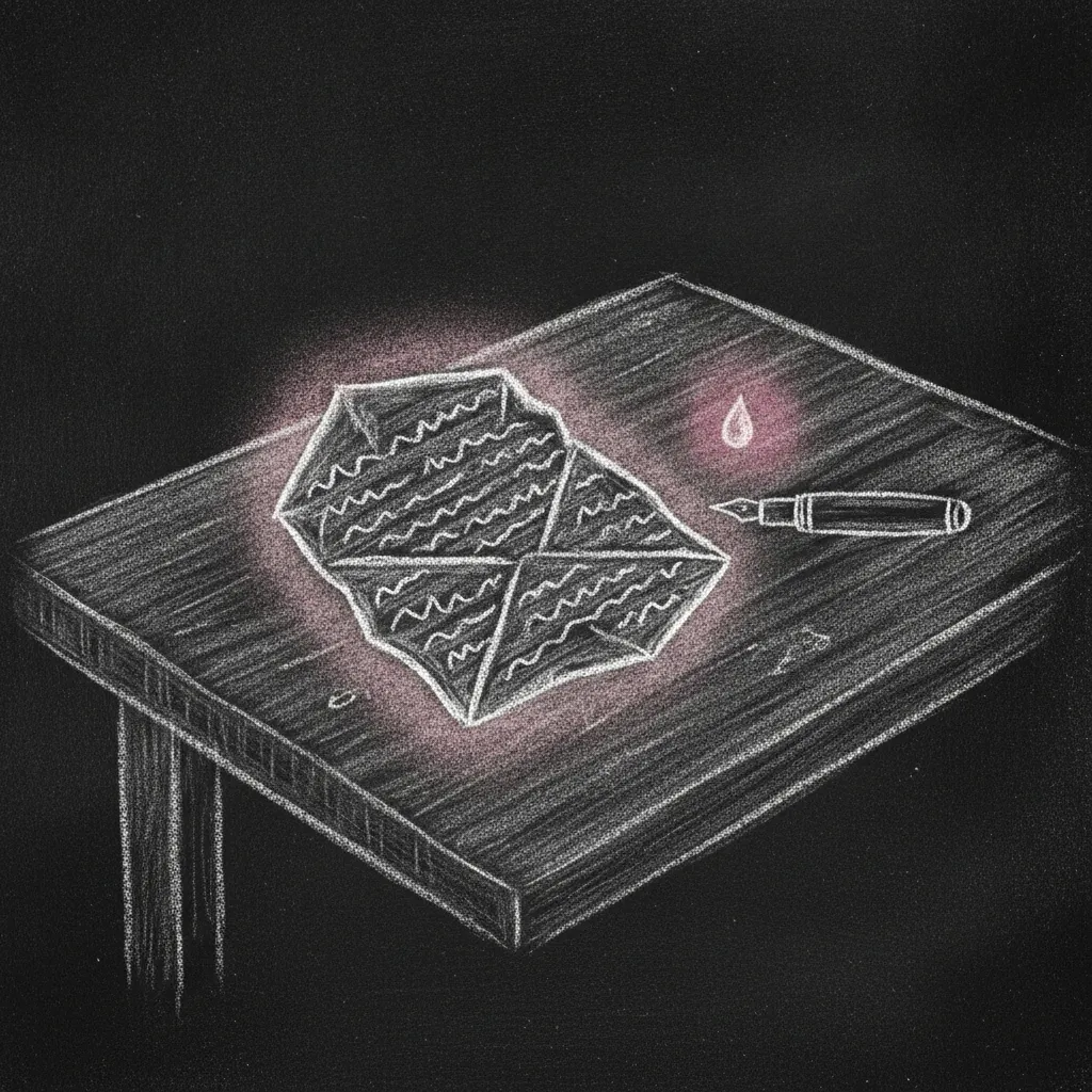 Chalk sketch of a crumpled handwritten letter left on a table, a single tear-drop shape near it, a pen resting beside