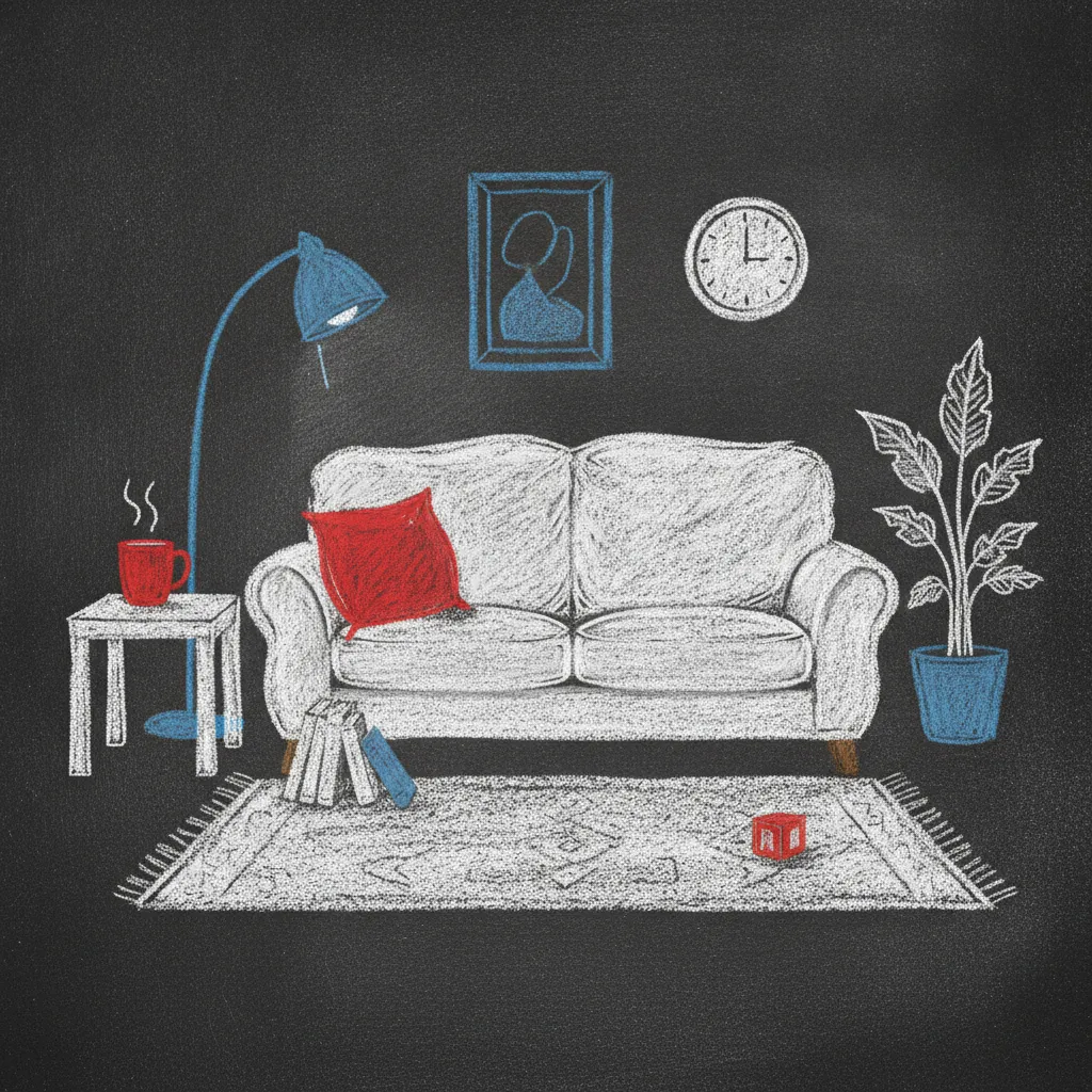 Chalk sketch of a room interior with everyday objects scattered around, some drawn in soft pop-pink chalk to represent the primed target, others left in white