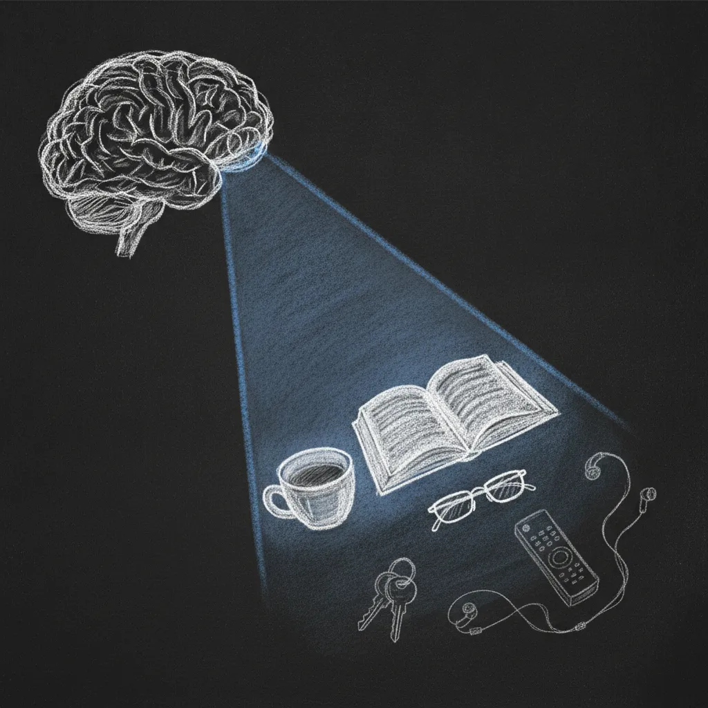 Chalk sketch of a human brain in profile with a beam of light emanating from its front, casting a filter over a small scene of daily objects below