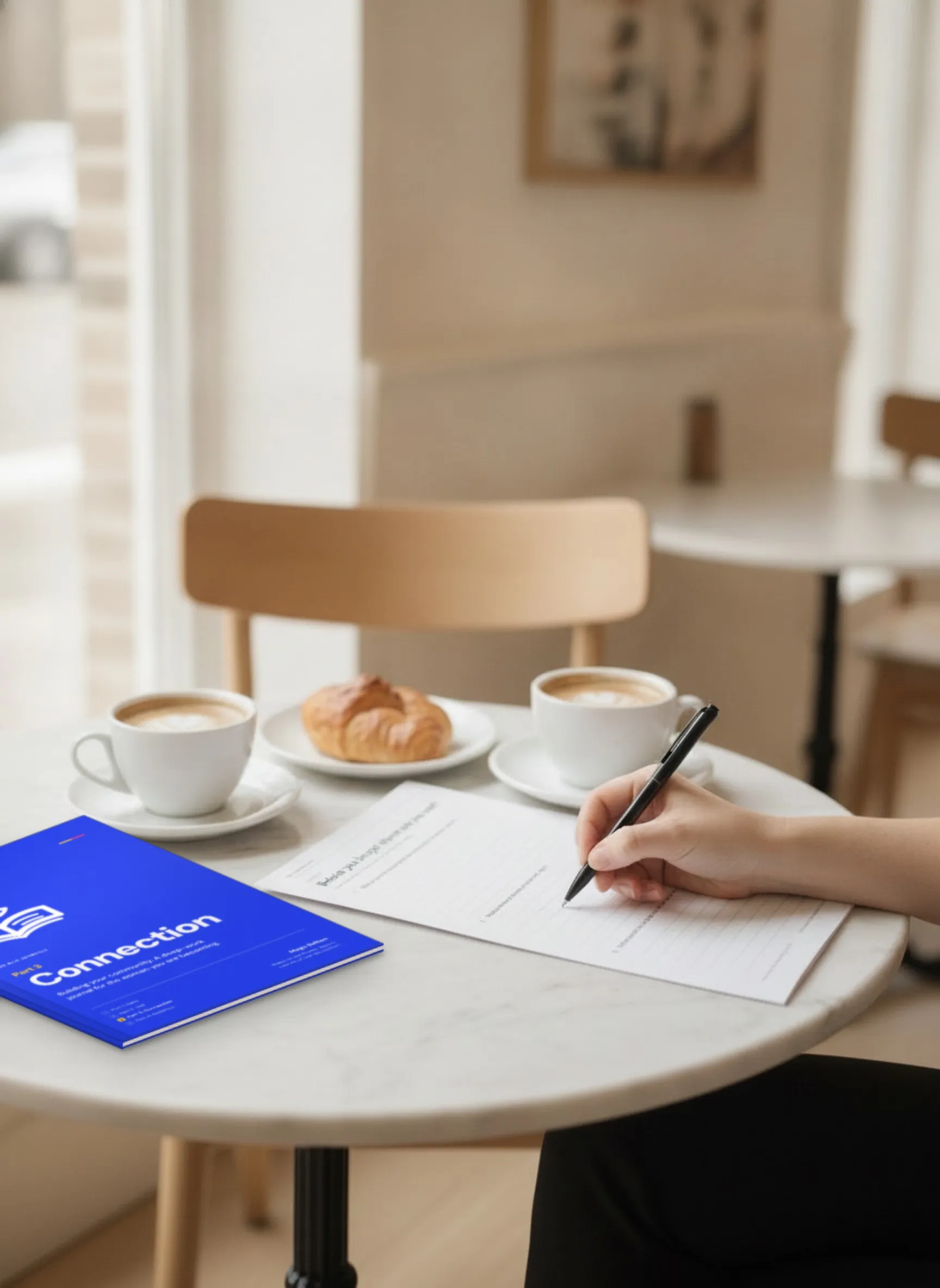 A hand writing on a printed journal page at a café table, the Connection journal and two coffees beside it.