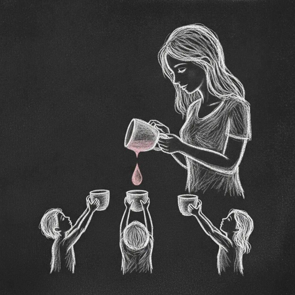 Chalk sketch of a mother tipping her cup to pour its last drop into the cups her three children hold up to her