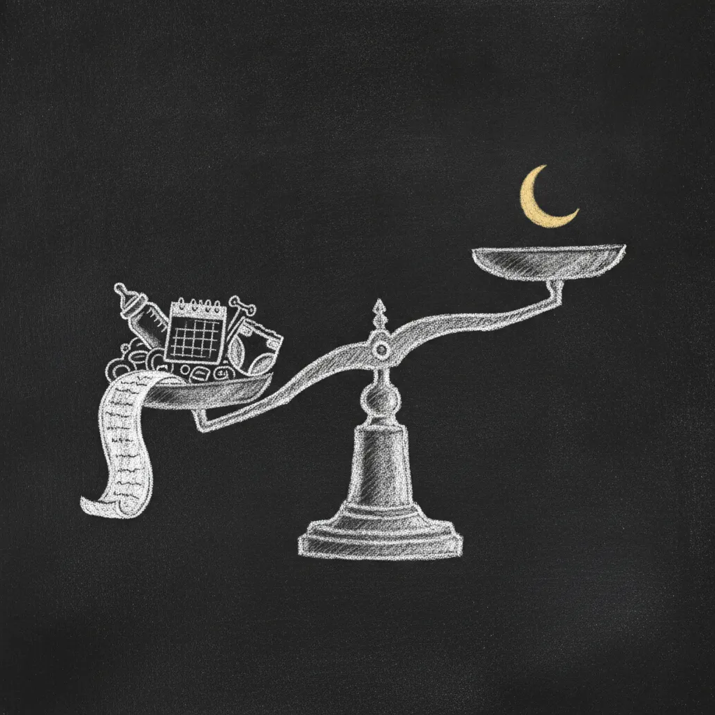 Chalk sketch of a balance scale tipped down hard on one side under a pile of small objects, a bottle, a calendar and a list, while the other pan holds only a small crescent moon