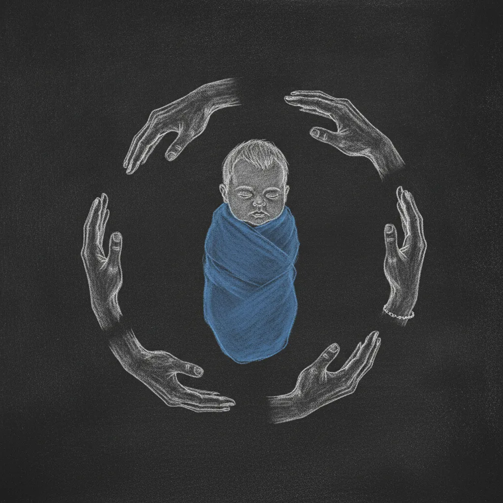 Chalk sketch of a sleeping baby in a blue blanket, encircled by six different hands reaching in gently from all sides