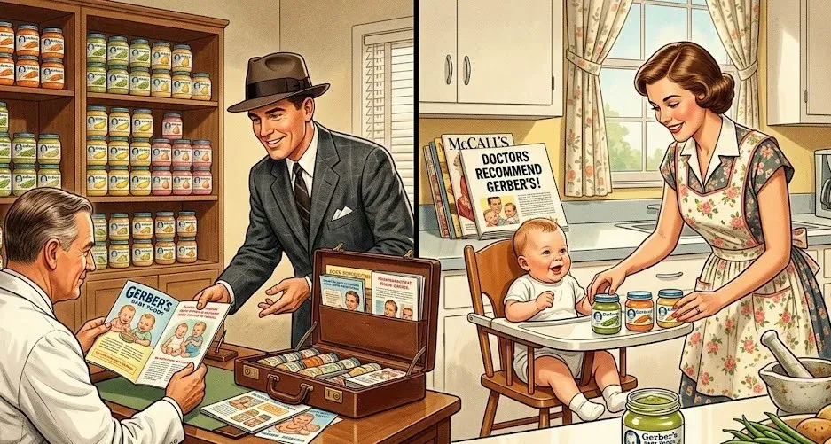 A vintage illustration of a paediatrician recommending baby food to a mother
