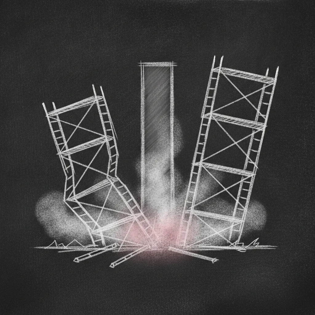 Chalk sketch of a construction scaffolding partly collapsed on one side, dust rising from the fallen supports