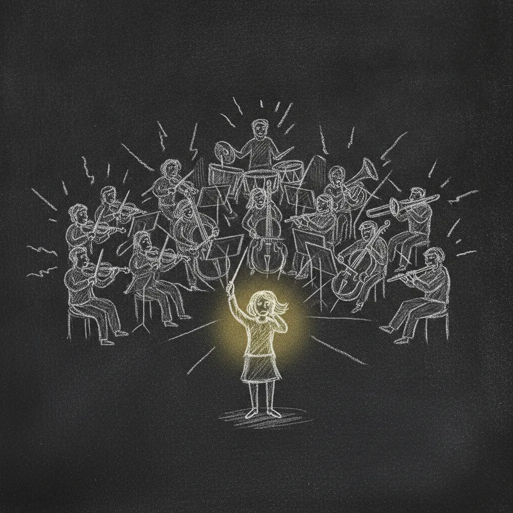 Chalk sketch of an orchestra with different instruments playing at once, a small tired conductor at the front trying to hold the beat