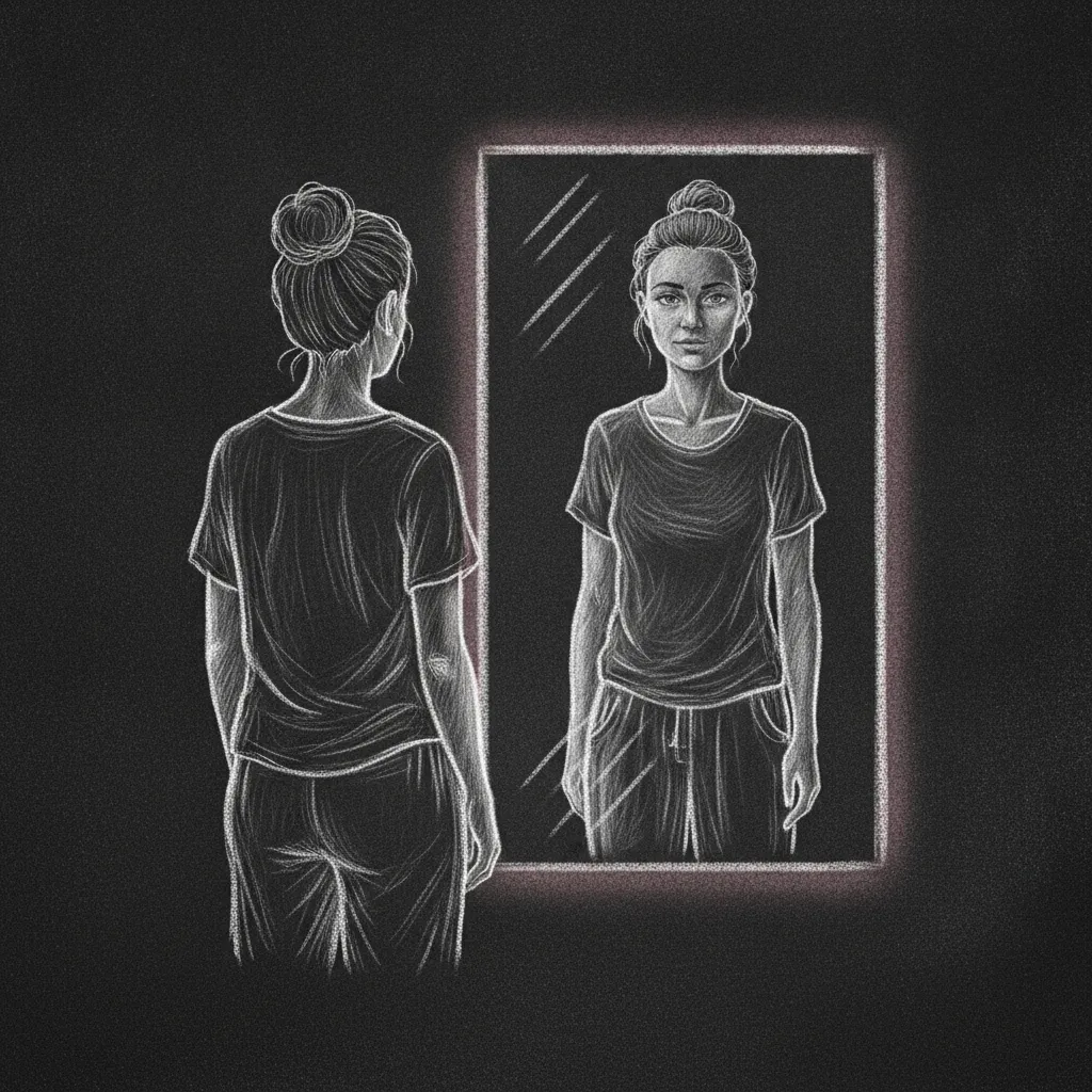 Chalk sketch of a woman looking into a mirror, her reflection drawn with softer more capable lines than the tired figure standing before it