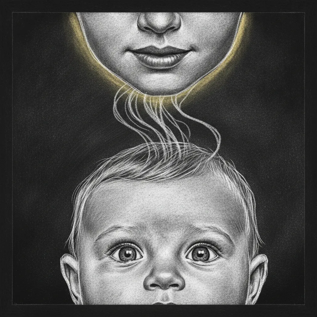 Chalk sketch of a baby looking up at their mother's face, soft chalk lines flowing between them to suggest information being received from her expression
