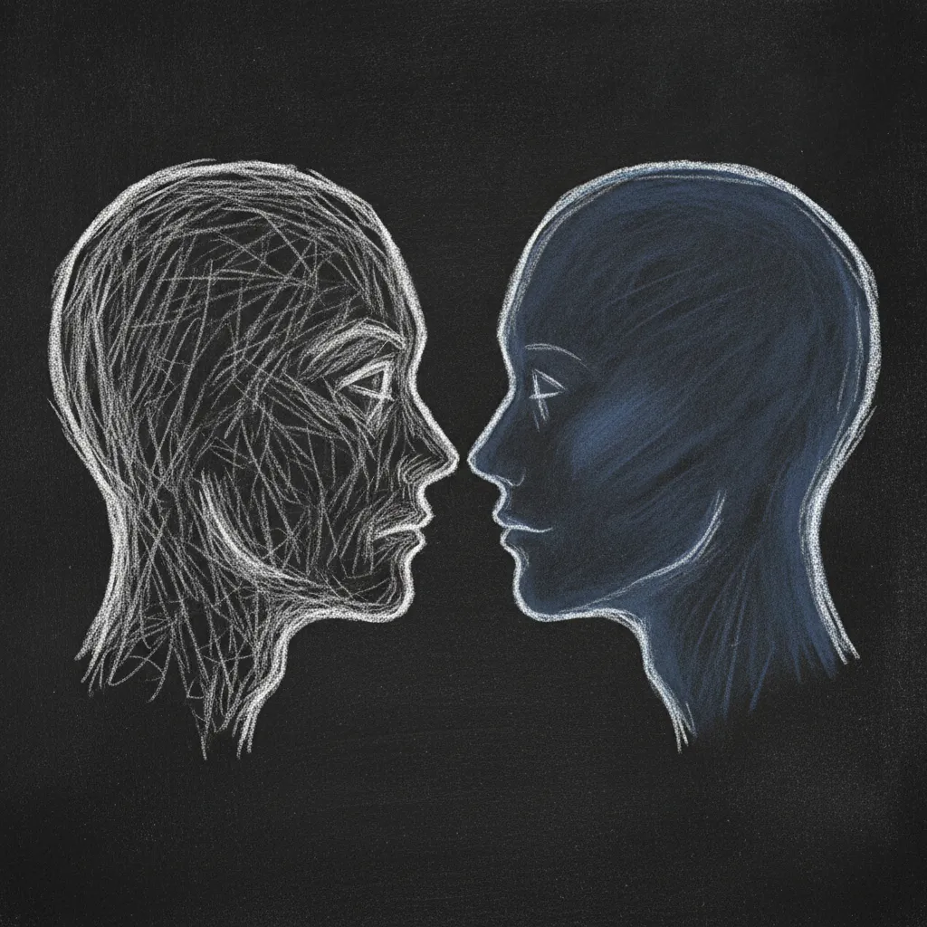 Chalk sketch of two facing profile silhouettes, the left one drawn with tight tense chalk lines representing the inner critic, the right one drawn with calmer more open lines representing the inner coach