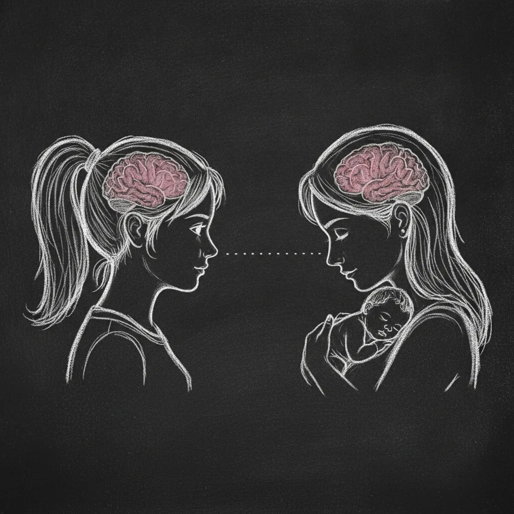 Chalk sketch of two head profiles facing each other, a teenage girl and a mother holding a baby, with matching brain outlines and the same regions highlighted in each
