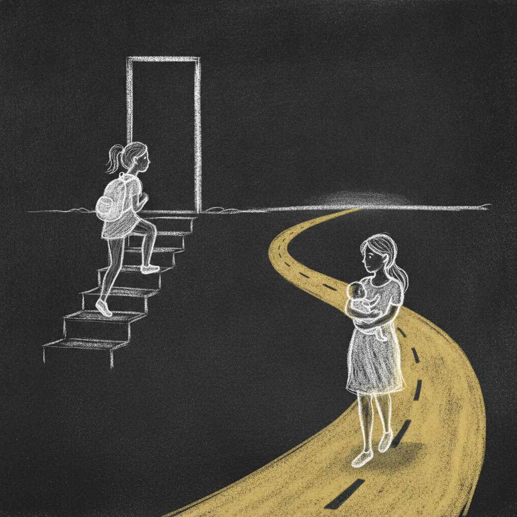 Chalk sketch of two paths: a short staircase a teenager climbs to a doorway, and beside it a winding road with a mother carrying a baby, stretching to the horizon with no end in sight