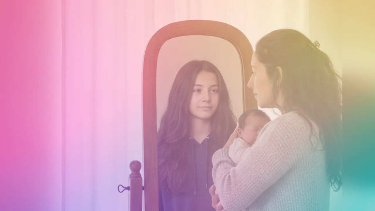 A mother holding her sleeping newborn looks into a tall mirror, where her fifteen-year-old self looks back at her, washed in soft rainbow light