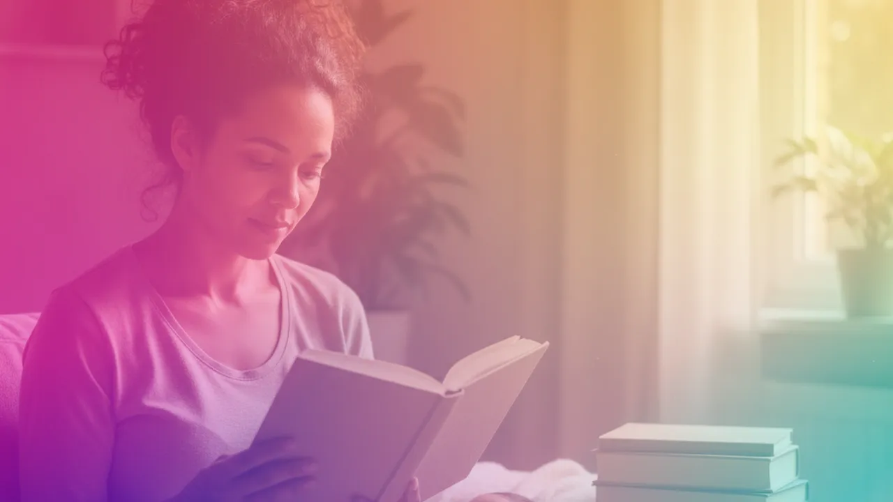 A mother sits by a window in soft afternoon light, absorbed in a hardback book, a small stack of books beside her