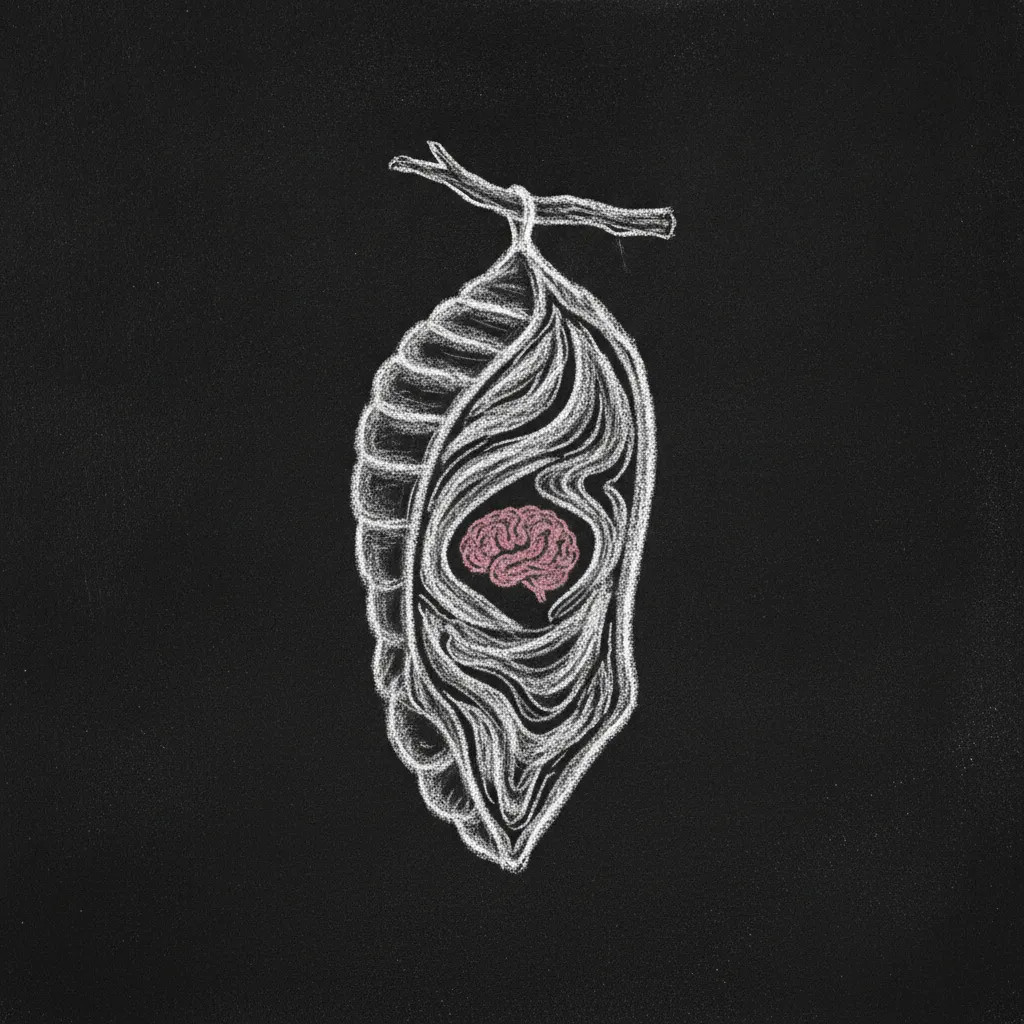 Chalk sketch of a chrysalis cross-section with wavy liquid inside and a small brain floating within it