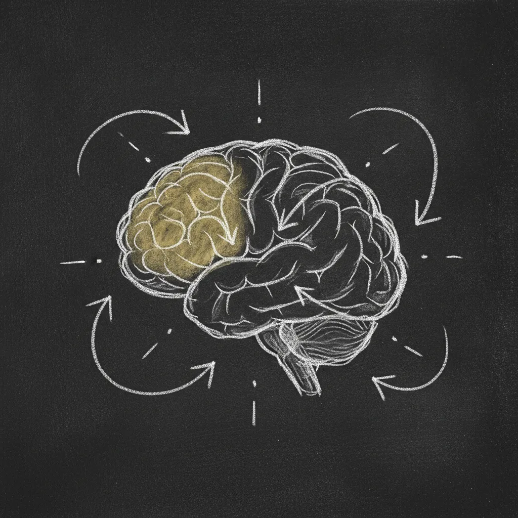 Chalk sketch of a human brain in profile with arrows pointing to regions being pruned and reorganised