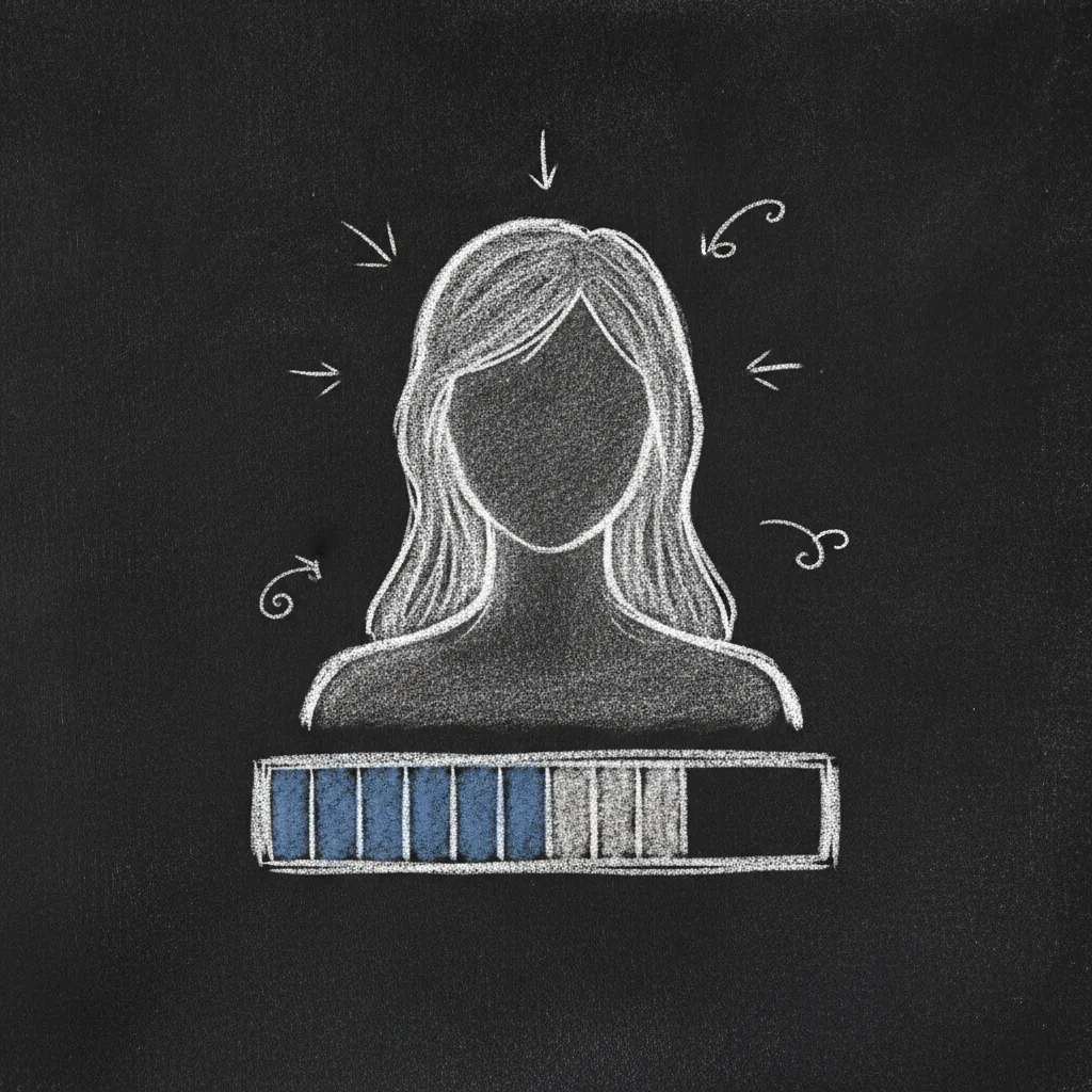 Chalk sketch of a computer-style progress bar drawn over a woman's silhouette, mid-installation