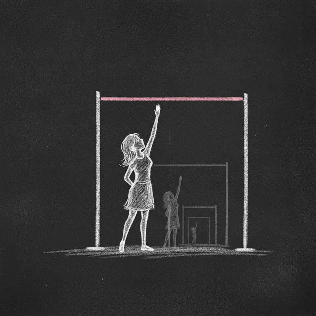 Chalk sketch of a small mother reaching up towards a high jump bar that keeps being raised above her head