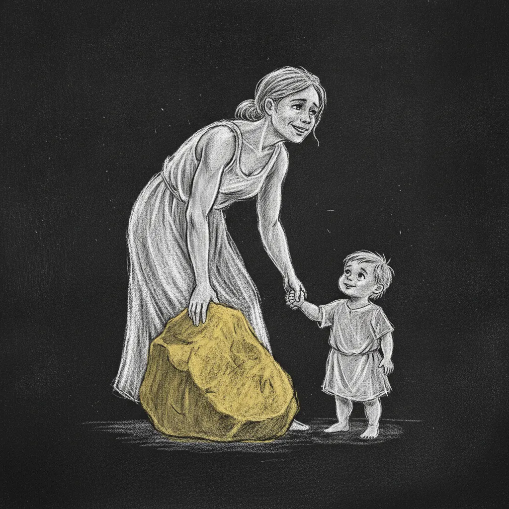Chalk sketch of a mother setting a heavy stone down on the ground and straightening up, her toddler holding her other hand