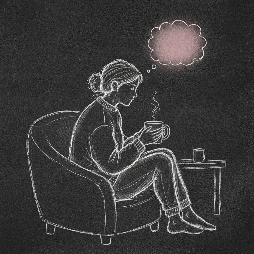 Chalk sketch of a woman sitting on a sofa holding a mug of tea, a wisp of steam rising, a small thought bubble above her head