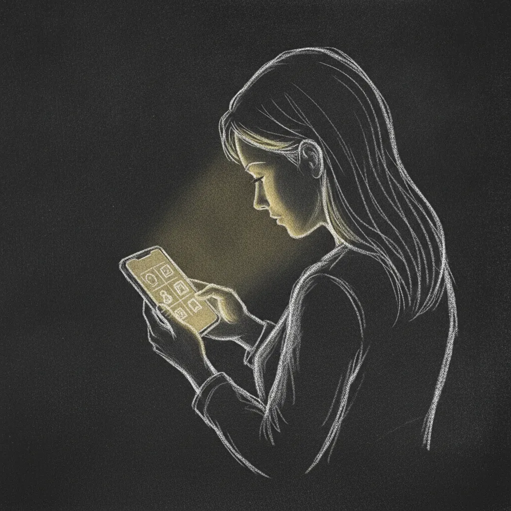 Chalk sketch of a woman viewed from behind, looking at a phone screen showing a grid of curated square images, her posture slightly slumped