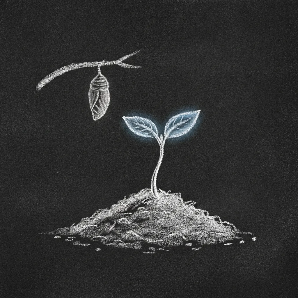 Chalk sketch of a small seedling breaking through soil, its two first leaves unfurling, with an opened chrysalis suspended on a small branch behind it