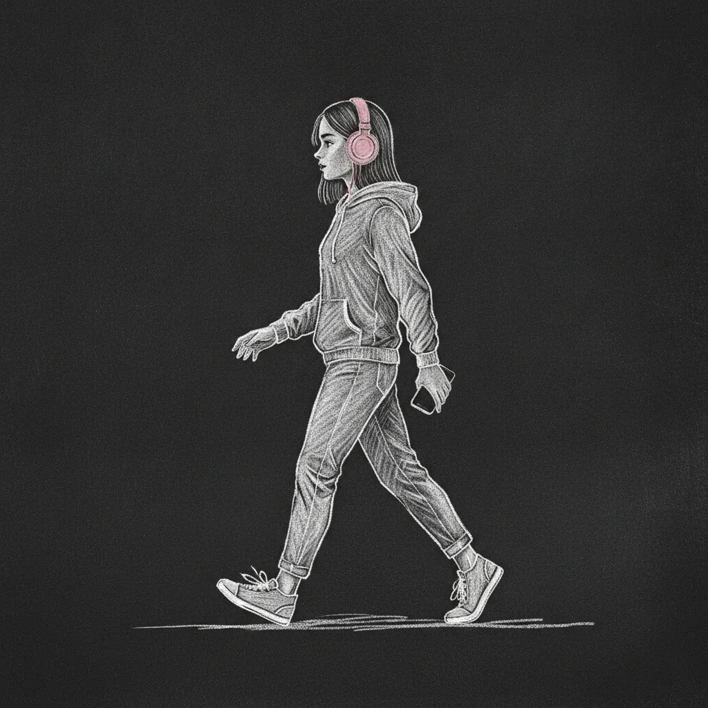 Chalk sketch of a teenage girl in a hoodie, jeans, and trainers walking through her bedroom, headphones around her head, a backpack on the floor