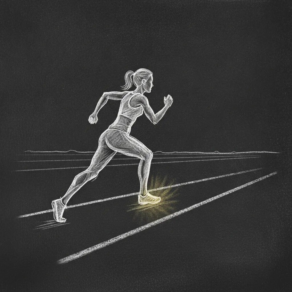 Chalk sketch of a woman mid-stride running along a track, with no visible finish line, the horizon ahead of her open
