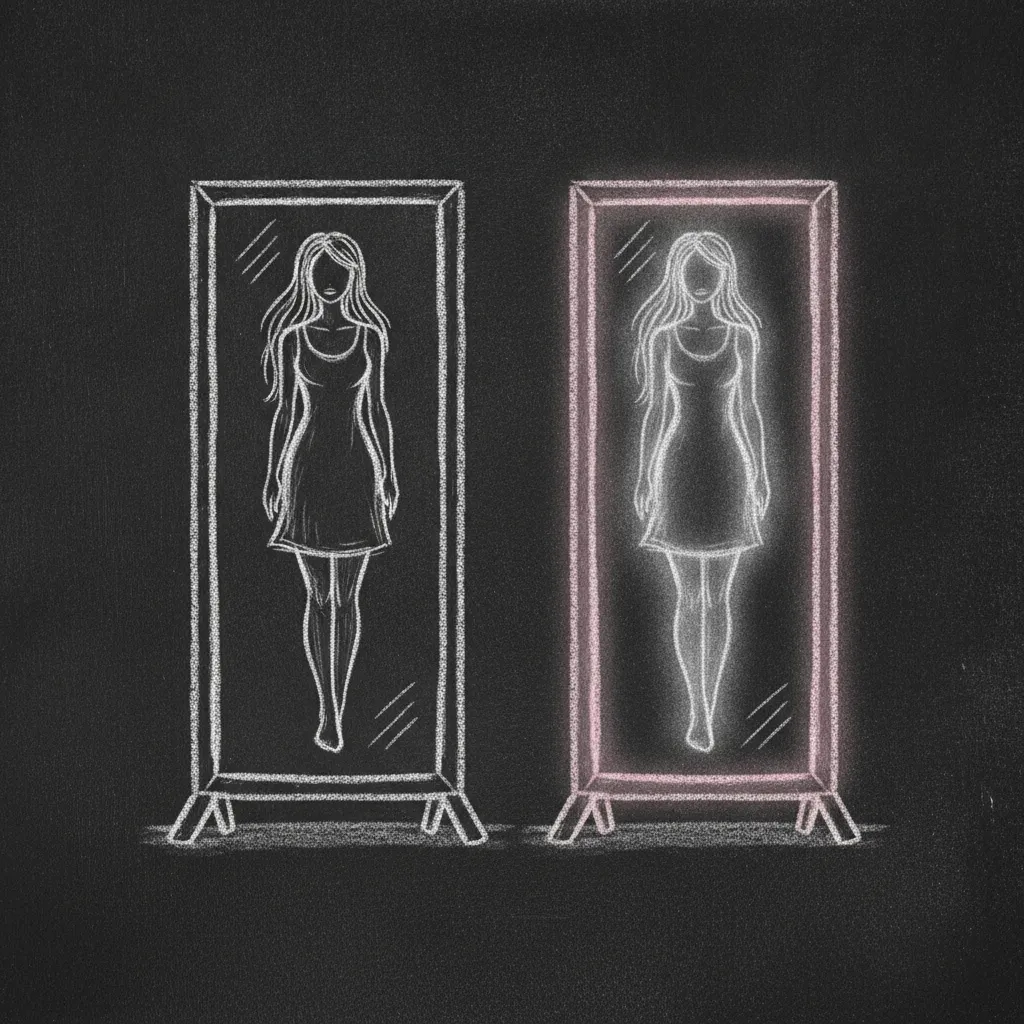 Chalk sketch of two mirrors standing side by side, the left one reflecting a woman clearly, the right one reflecting the same woman softer and less defined