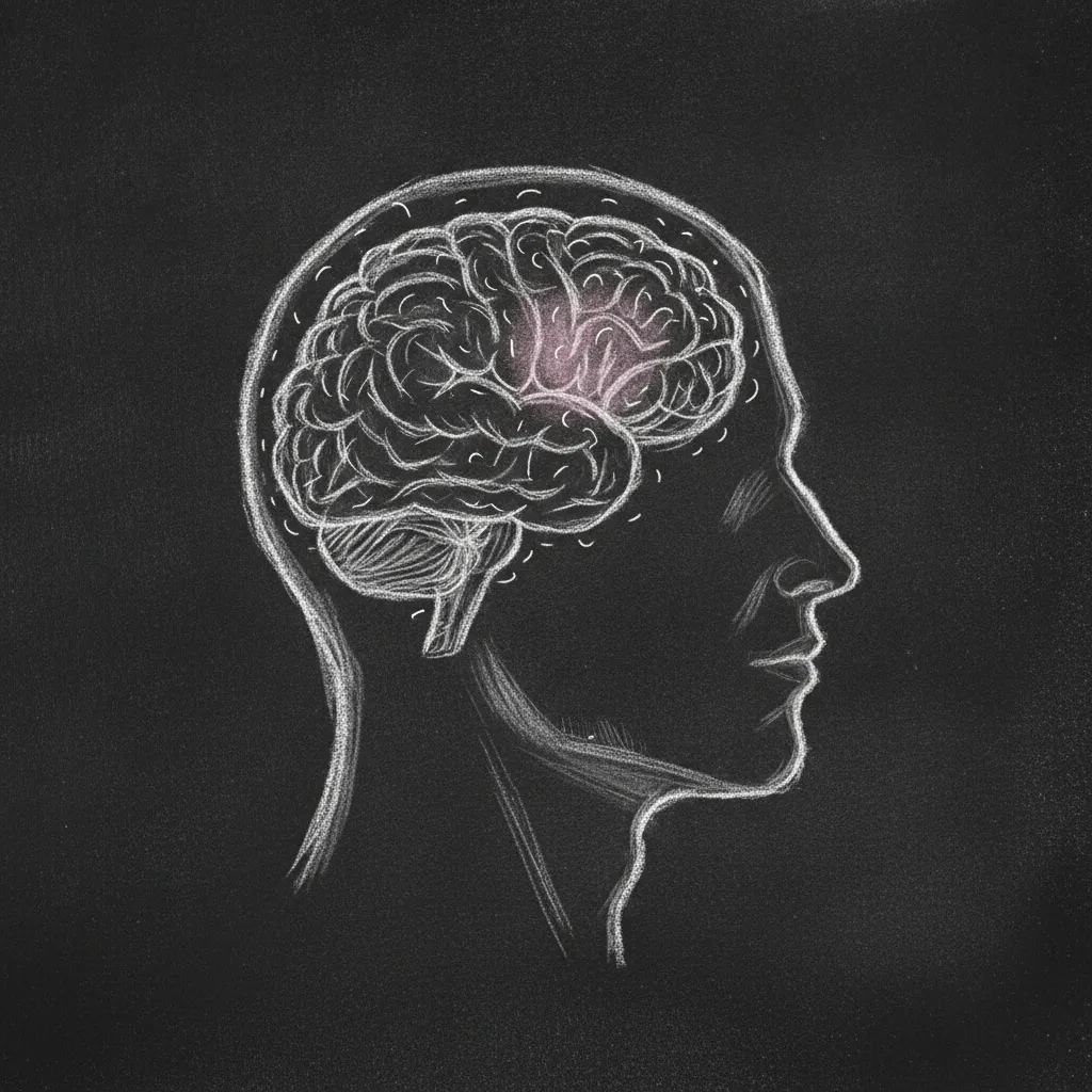 Chalk sketch of a male head in profile with a brain visible inside, small reorganisation marks scattered across the motivation and social cognition regions