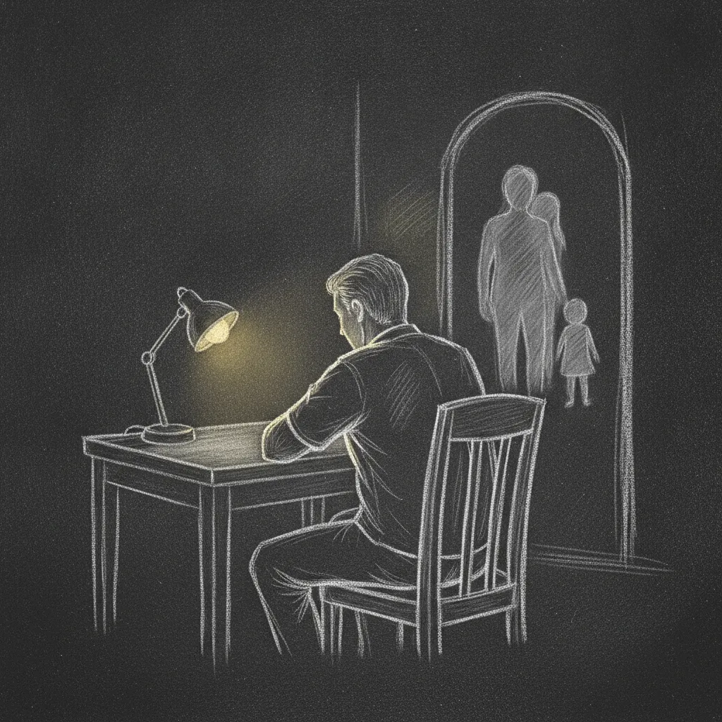 Chalk sketch of a man sitting at a desk with his back to an open doorway. Through the doorway, faint silhouettes of a partner and a small child are visible