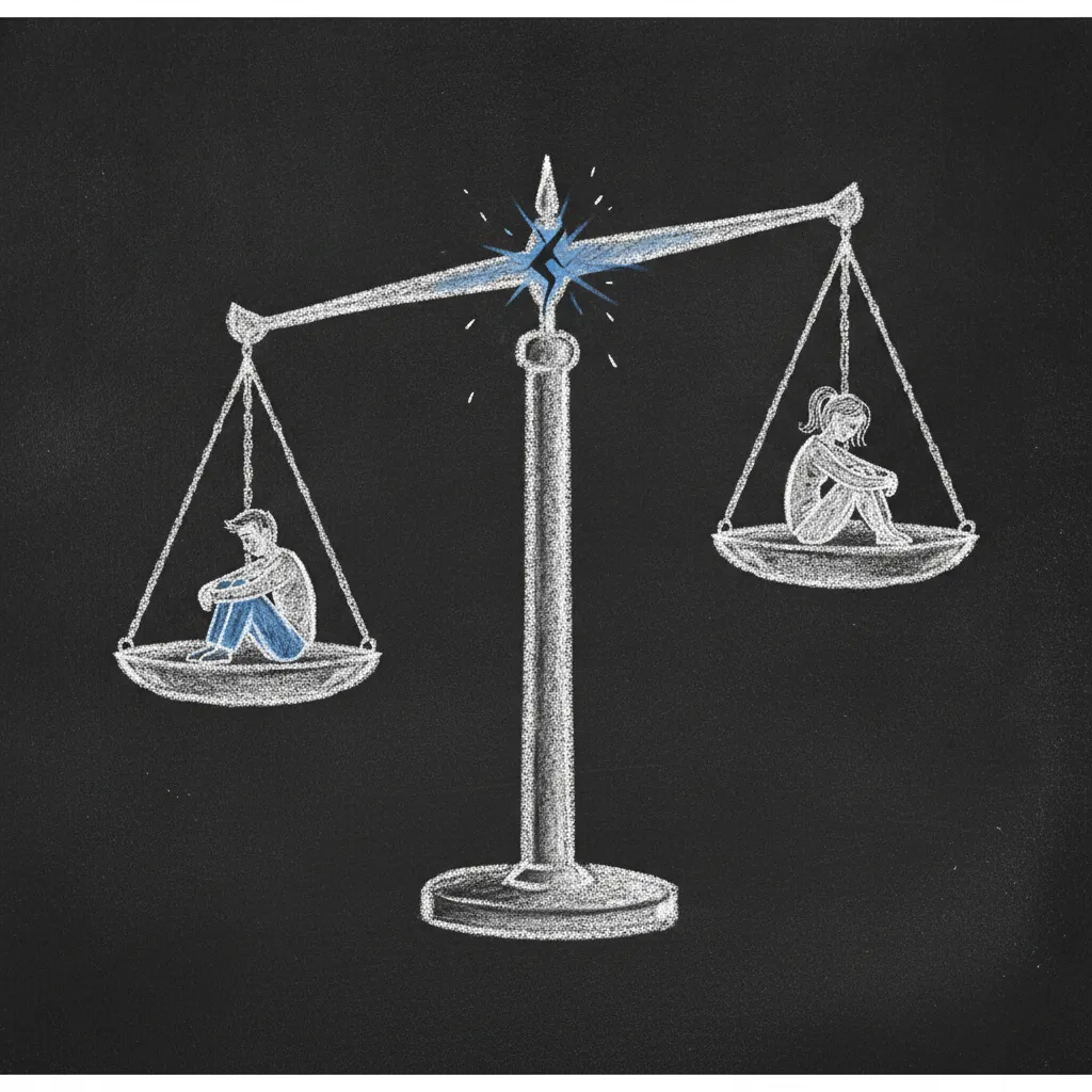 Chalk sketch of an old-fashioned balance scale with a small figure of a man sitting on one pan and a small figure of a woman on the other, a jagged crack fracturing the beam between them