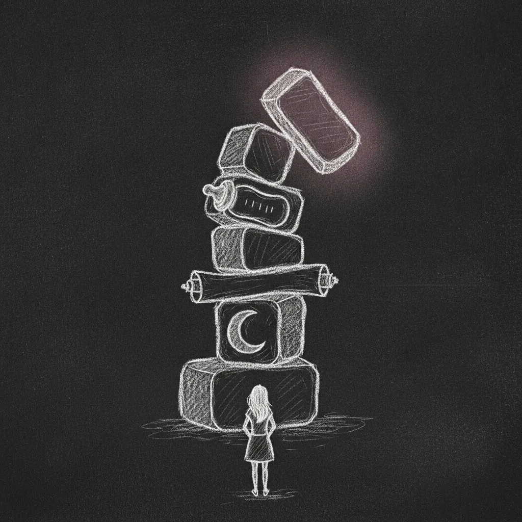 Chalk sketch of a mother standing beneath a precarious tower of heavy blocks: a crescent moon, a long unrolled list and a baby bottle, with the top block starting to tip