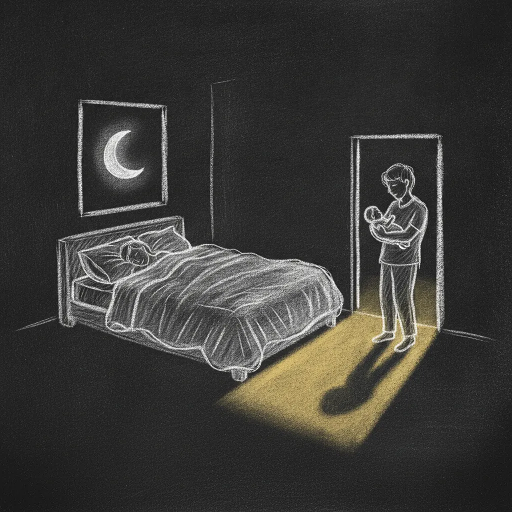 Chalk sketch of a bedroom at night under a crescent moon: one parent asleep in bed while the other parent rocks the baby by the doorway