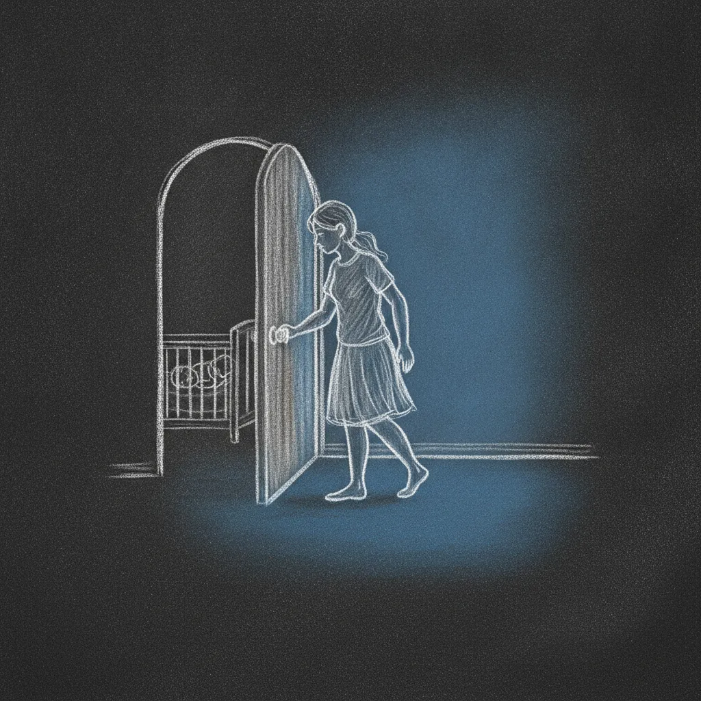 Chalk sketch of a mother gently closing a door and stepping into a quiet room, a baby lying safely in a cot in the room behind her