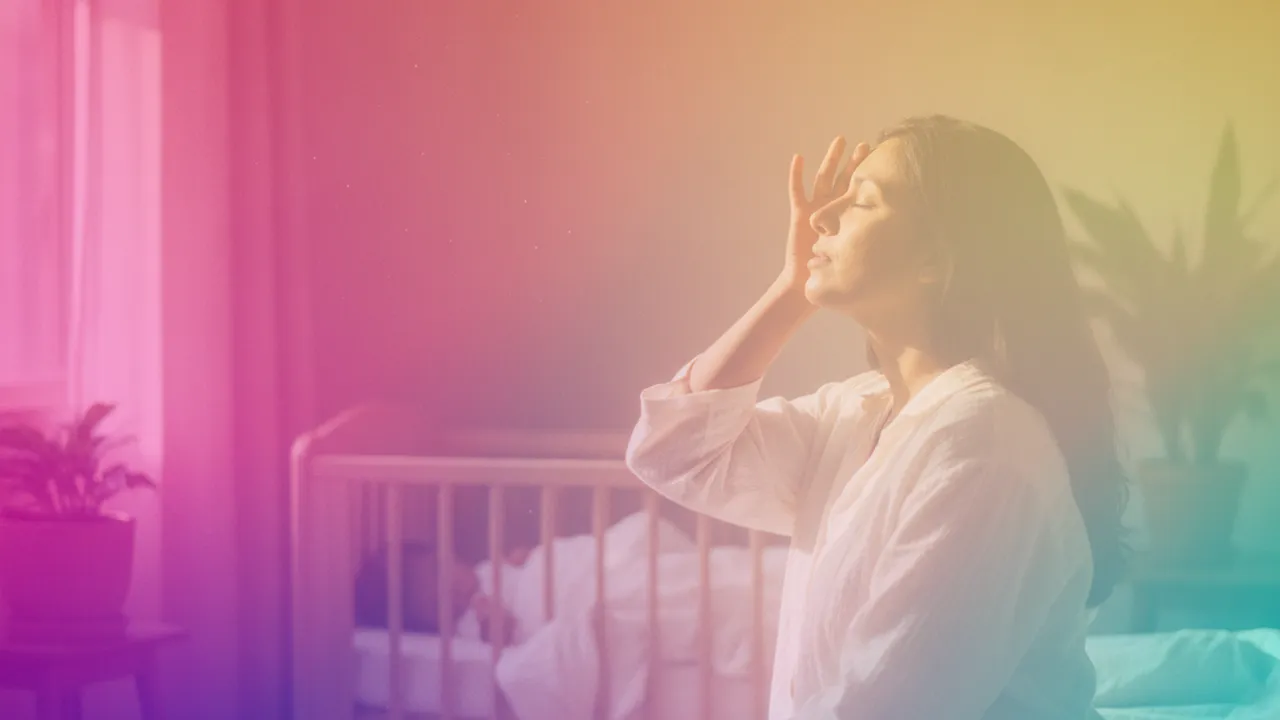 A mother sits on the edge of her bed with her eyes closed and a hand to her forehead, breathing out, while her baby sleeps in a cot behind her