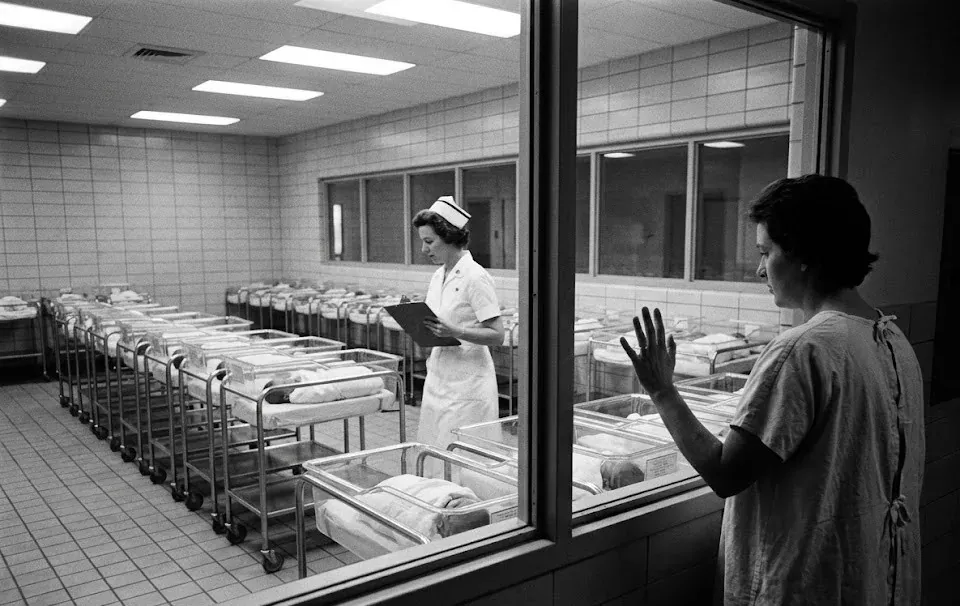 A black and white photograph of a 1950s hospital maternity ward with rows of babies in bassinets separated from their mothers
