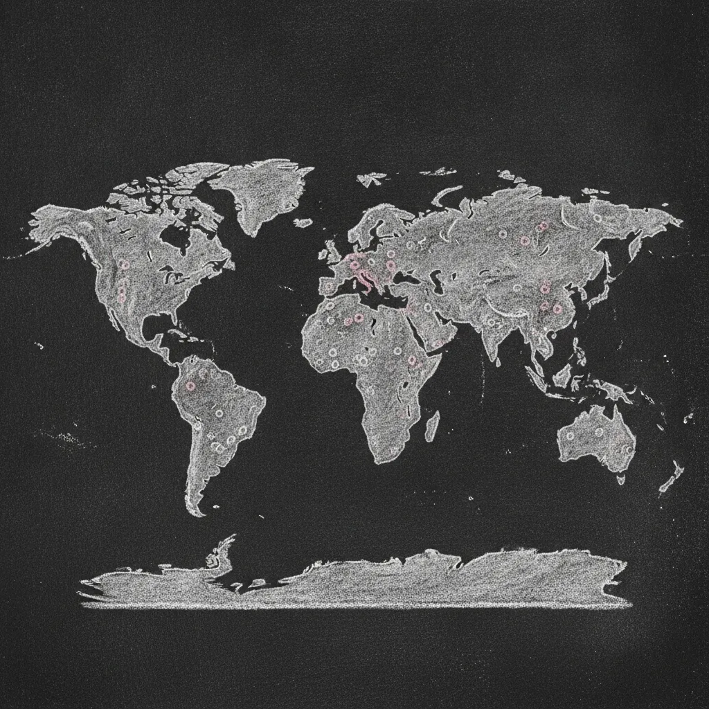 Chalk sketch of a globe surrounded by small marks representing the 278 anthropological reports Dana Raphael surveyed