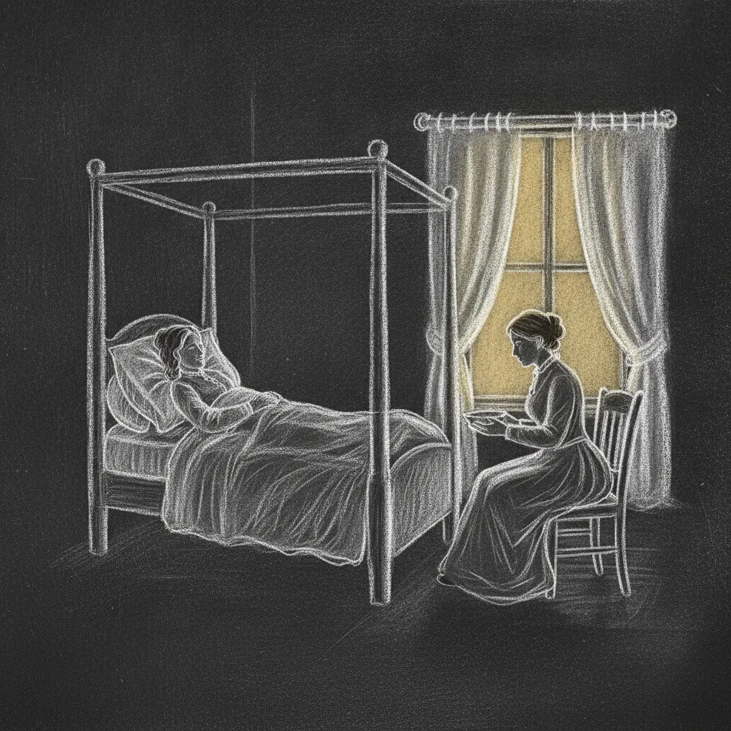 Chalk sketch of a bedside caregiver tending to a resting mother in a nineteenth century interior