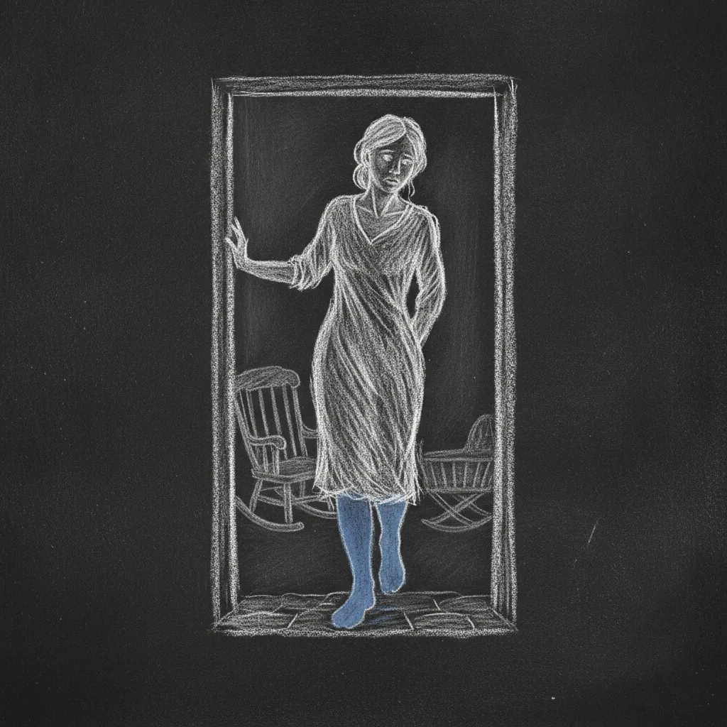 Chalk sketch of a woman standing at a doorway, one foot inside the room and one foot pointed out